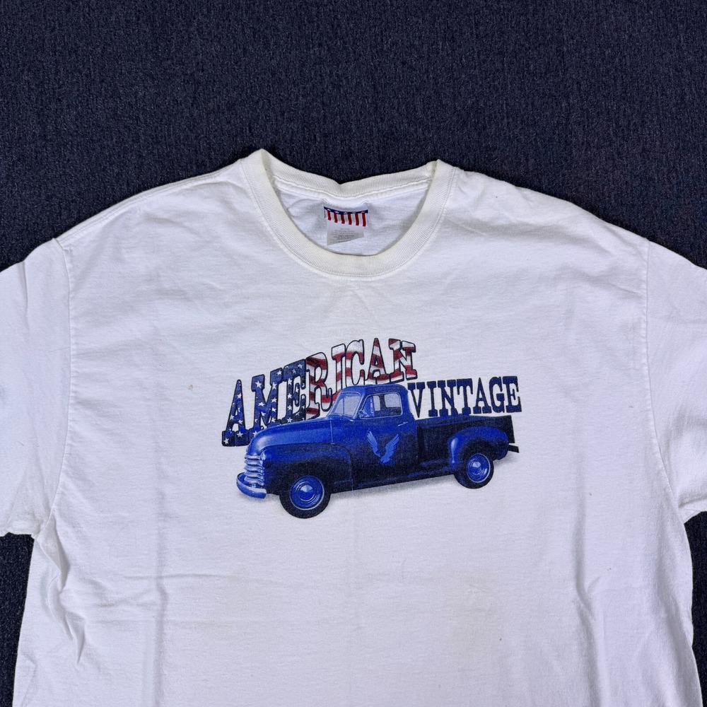 American Vintage Truck Graphic Crew Neck T-Shirt Mens L White Cotton